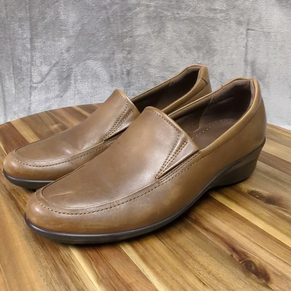 ECCO Slip On Leather Loafer Wedge Heels Brown Women's SZ EU‎ 42 US 11 / 11.5